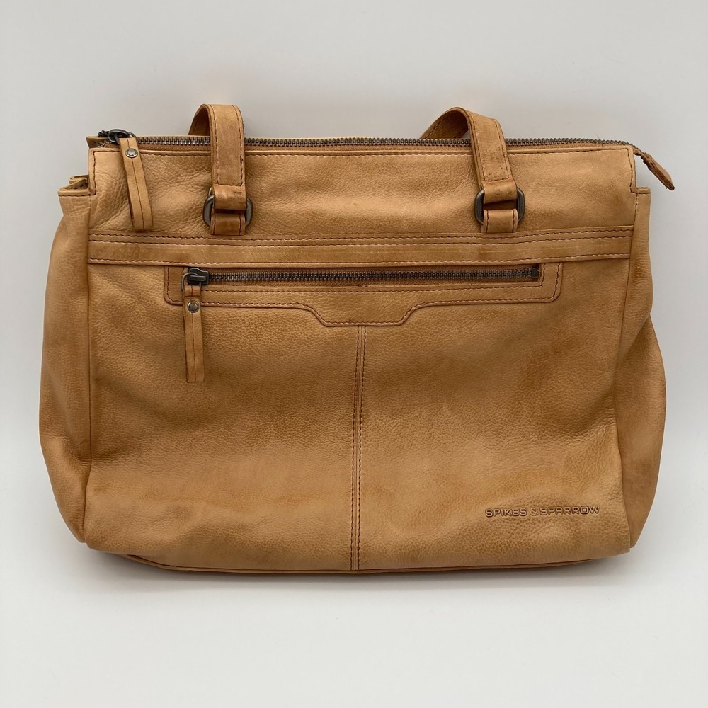 Spikes & Sparrow Tan Brown Leather Tablet Laptop Tote Purse